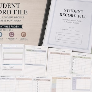 Può includere: Un raccoglitore per fascicoli scolastici con 13 pagine stampabili per insegnanti, incluse sezioni per informazioni sullo studente, monitoraggio dei progressi, registri di comunicazione e obiettivi. Include una copertina e vari moduli.