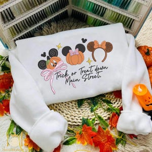 Magic Castle Coquette Bow Embroidered Sweatshirt, Halloween Pumpkin Coquette Shirt, Mouse Pumpkin Tee, Cute Spooky Season
