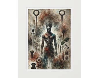 Puede incluir: Una lámina artística enmarcada que presenta una figura central de piel oscura y peinado texturizado, rodeada de varios iconos simbólicos que incluyen lanzas, ruedas y elementos botánicos en tonos marrones, grises y rojos oscuros.