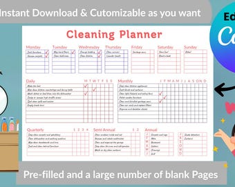 Könnte beinhalten: Ein druckbarer Reinigungsplaner mit Wochen-, Monats- und Jahresübersicht. Der Planer enthält Kontrollkästchen für Aufgaben und den Text "Cleaning Planner". Das Bild enthält auch den Text "Sofortiger Download & Anpassbar" und "Bearbeitbarer Canva-Link".