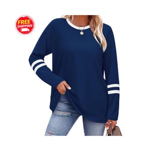 Women Long Sleeve Color Block Cute Shirts 2024 Fashion Dressy Casual Round Neck Pullover Tops Loose Comfy Sweatshirts At Women's Clothing Store