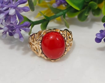 Red Coral Ring in 925 Sterling Silver, Genuine Oval Coral Solitaire, Minimalist Boho Statement Jewelry, Gift for Her,