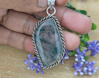 Natural Moss Agate Pendant 925 Sterling Silver | Handmade Green Gemstone Necklace | Healing Crystal Jewelry