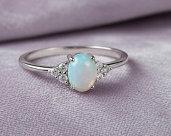 Natural Fire Opal Ring Sterling Silver, Unique Blue Opal Solitaire Ring, 925 Dainty Stacking Jewelry, October Birthstone Gift