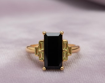 Black Onyx Baguette Ring Vermeil Gold, 925 Sterling Silver Stacking Ring, Dainty Geometric Minimalist Jewelry, Statement Gift
