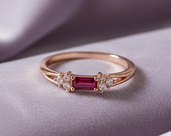Natural Ruby Ring ∣ 925 Sterling Silver ∣ July Birthstone ∣ Red Gemstone Jewelry ∣ Dainty Gift for Her I Minimalist baguette Ring