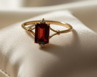 Emerald Cut Red Garnet Ring 925 Sterling Silver, Geometric Dainty Stacking Ring, January Birthstone Gift for Her, Promise Ring