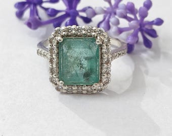 Natural Emerald Ring 925 Sterling Silver, Genuine Green Gemstone Ring, May Birthstone Jewelry, Handmade Dainty Emerald Cut Ring Gift for Her