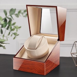 Watchwinderbox – gepersonaliseerde automatische houten watchwinder voor heren – luxe horlogekast met 1 sleuf – cadeau voor hem, jubileum of huwelijkscadeau