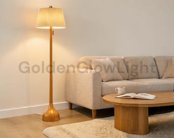 Mid Century Modern Wood Floor Lamp | 65" Vintage Standing Lamp with 2 Shades | Teardrop Base Pull Chain Living Room Bedroom Lamp