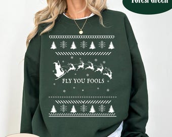 Sudadera navideña "Fly You Fools", camiseta navideña fea de Papá Noel con trineo y renos
