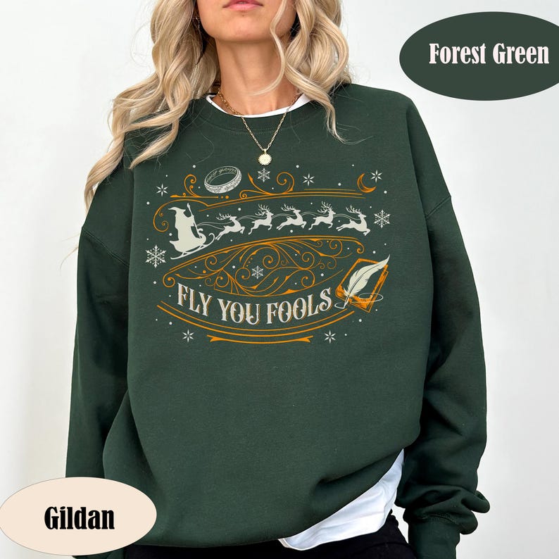 Sudadera navideña Fly You Fools, regalo de Navidad con trineo de Papá Noel y renos imagen 1