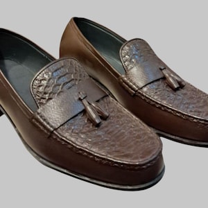 Handmade Original Snake Embossed & Leather Tussle Loafer For Men