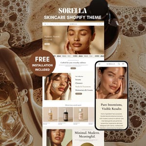 Peut inclure: Image promotionnelle pour le thème Shopify SORELLA Skincare. L'image présente un site Web et un écran de téléphone mobile mettant en valeur la conception du thème. Le texte "INSTALLATION GRATUITE INCLUSE" est également visible. L'esthétique générale est épurée et moderne, axée sur les produits de soins de la peau.