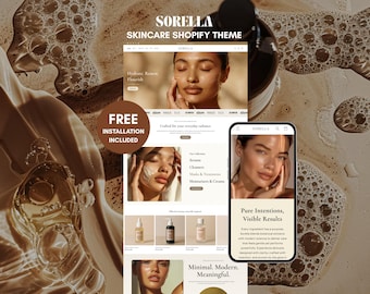 May include: Promotional image for the SORELLA Skincare Shopify theme. The image shows a website and mobile phone display, highlighting the theme's design. The text "FREE INSTALLATION INCLUDED" is also visible. The overall aesthetic is clean and modern, with a focus on skincare products.