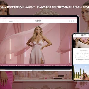 Fully responsive Milana Shopify fashion theme homepage in glam pink aesthetic, shopify theme, shopify template, pink glamour