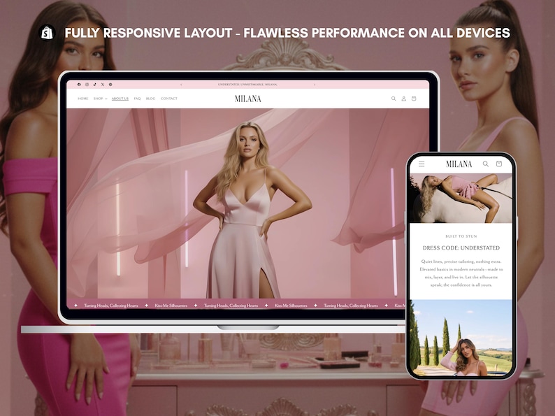 Fully responsive Milana Shopify fashion theme homepage in glam pink aesthetic, shopify theme, shopify template, pink glamour