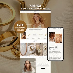 May include: Gold jewelry, including hoop earrings and a ring, are displayed with a Shopify jewelry theme on a laptop and phone. The theme is called Solena and includes the text "Free Installation Included."