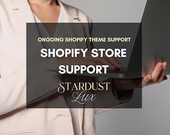 Könnte beinhalten: Eine Person in einem hellrosa Blazer hält einen Laptop. Text-Overlay: "Ongoing Shopify Theme Support, Shopify Store Support, Stardust Lux."