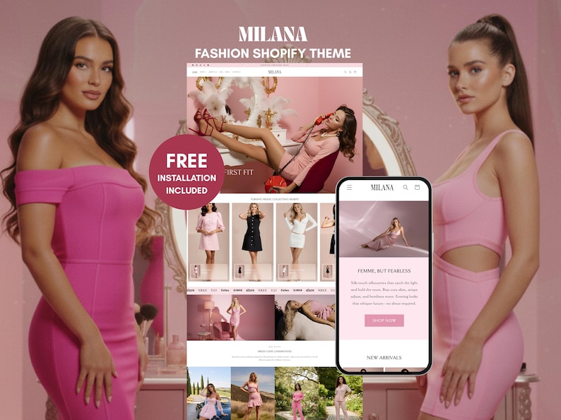 Milana Shopify fashion theme homepage in glam pink aesthetic, shopify template for apparel
