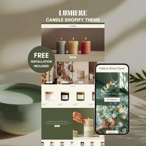 May include: A website mockup for a candle Shopify theme, "LUMIERE", with a mobile phone displaying a candle product. The website features candles in various colors and styles. A green bowl is in the foreground. The text "FREE INSTALLATION INCLUDED" is visible.