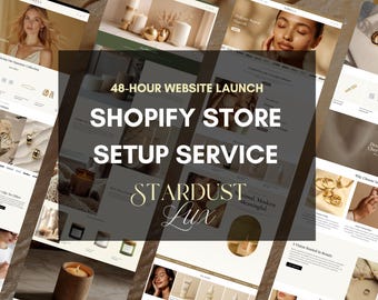 Könnte beinhalten: Werbebild für einen Shopify-Shop-Einrichtungsservice. Das Bild zeigt mehrere Website-Mockups mit dem Text "48-HOUR WEBSITE LAUNCH SHOPIFY STORE SETUP SERVICE STARDUST Lux". Die Websites zeigen Schmuck und Schönheitsprodukte.