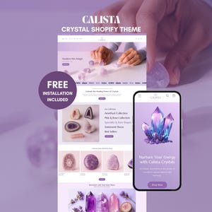 May include: A website design for Calista Crystals, a crystal shop, with a purple theme. The design is displayed on a laptop and a smartphone. The website features images of crystals and the text "FREE INSTALLATION INCLUDED".