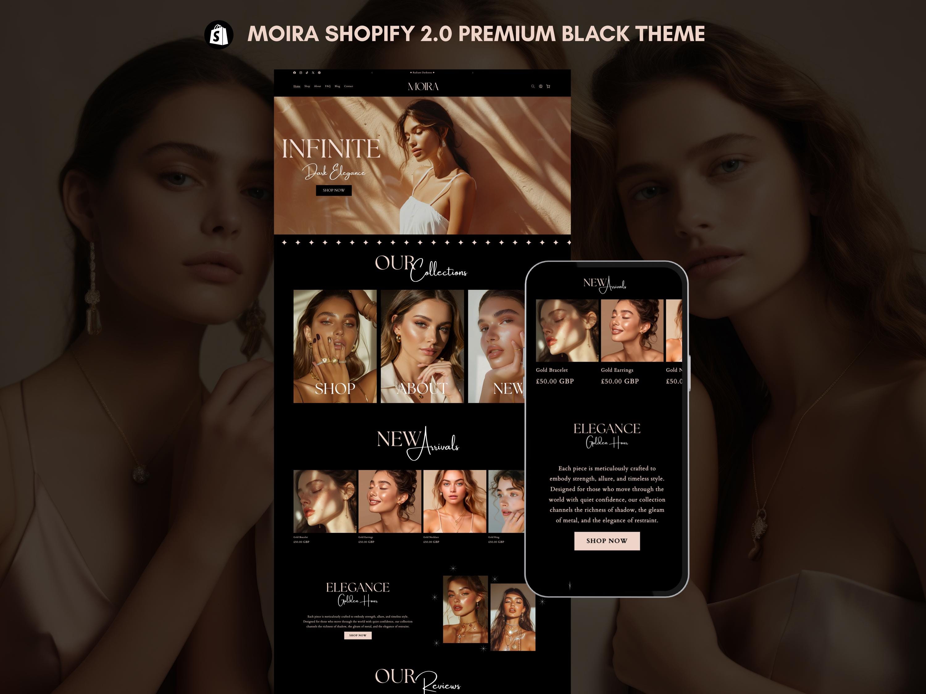 Moira Dark Luxury Shopify Theme | Rich Girl Aesthetic Fashion & Jewelry Website Template | Luxe Black Shopify 2.0 Theme | Hair and Beauty