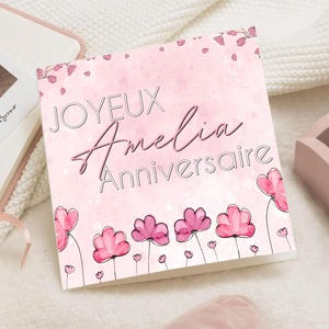 Carte d’anniversaire fleurie homme femme ou fille – Design floral aquarelle avec papillon et libellule – Carte élégante personnalisée prénom