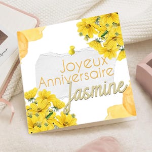 Carte d’anniversaire fleurie homme femme ou fille – Design floral aquarelle avec papillon et libellule – Carte élégante personnalisée prénom