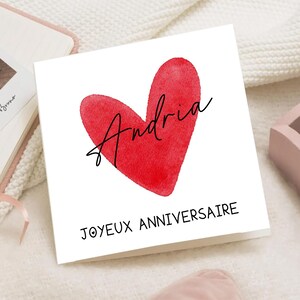 Carte anniversaire Cœur Rose femme homme – Message Romantique fille – Carte élégante – carte amour joyeux anniversaire personnalisée prénom