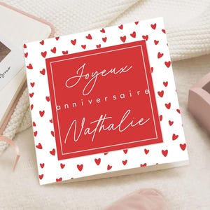 Carte anniversaire Cœur Rose femme homme – Message Romantique fille – Carte élégante – carte amour joyeux anniversaire personnalisée prénom