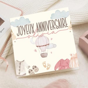 Biglietto di auguri di compleanno nordico con mongolfiera in volo per bambini – Buon compleanno Nome – Biglietto di auguri per neonati – Biglietto di auguri personalizzato per il primo compleanno