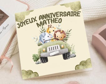 Carte d'anniversaire safari animaux bébé Enfant – Joyeux Anniversaire prénom – Carte Vœux nordique – Carte 1er anniversaire personnalisée
