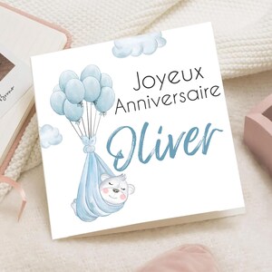 Carte d'anniversaire bébé Volant Enfant – Joyeux Anniversaire prénom – Carte Vœux naissance – Carte 1er anniversaire personnalisée