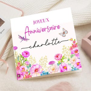 Carte d’anniversaire fleurie homme femme ou fille – Design floral aquarelle avec papillon et libellule – Carte élégante personnalisée prénom