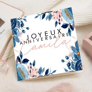 Carte d’anniversaire fleurie homme femme ou fille – Design floral aquarelle avec papillon et libellule – Carte élégante personnalisée prénom