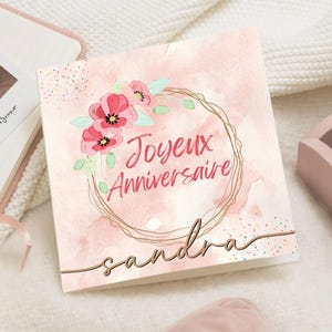 Carte d’anniversaire fleurie homme femme ou fille – Design floral aquarelle avec papillon et libellule – Carte élégante personnalisée prénom