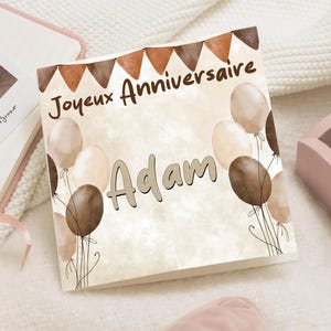 Tarjeta de cumpleaños con globo volador y niño volador. Feliz cumpleaños con nombre. Tarjeta de felicitación para bebé. Tarjeta personalizada para el primer cumpleaños de tu bebé.