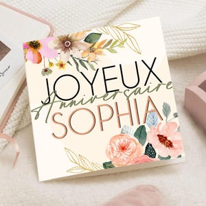 Carte d’anniversaire fleurie homme femme ou fille – Design floral aquarelle avec papillon et libellule – Carte élégante personnalisée prénom
