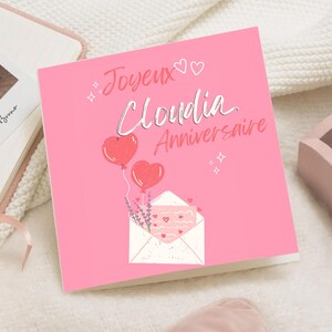 Carte anniversaire Cœur Rose femme homme – Message Romantique fille – Carte élégante – carte amour joyeux anniversaire personnalisée prénom