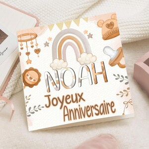 Carte d'anniversaire arc en ciel bébé Enfant – Joyeux Anniversaire prénom – Carte Vœux naissance – Carte 1er anniversaire personnalisée