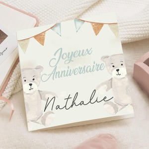 Carte d'anniversaire Ourson bébé Enfant – Joyeux Anniversaire prénom – Carte Vœux nordique – Carte 1er anniversaire personnalisée prénom