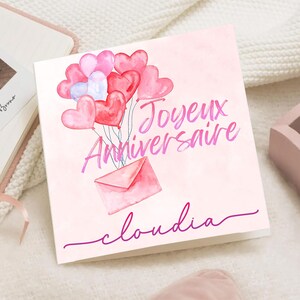 Carte d'anniversaire cœur rose Enfant bébé – Joyeux Anniversaire prénom – Carte Vœux d'amour – Carte 1er anniversaire personnalisée prénom