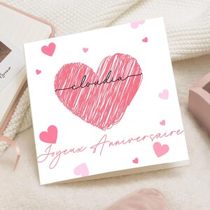 Carte anniversaire Cœur Rose femme homme – Message Romantique fille – Carte élégante – carte amour joyeux anniversaire personnalisée prénom