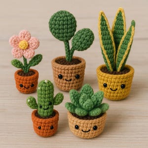 May include: Five crocheted potted plants in various colours. The collection includes a pink flower, a cactus, a succulent, and two other green plants. Each pot has a smiling face.