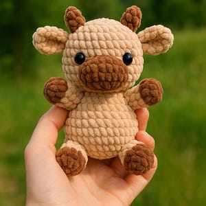 Könnte beinhalten: Ein gehäkeltes Kuh-Plüschtier in Beige- und Brauntönen. Die Kuh hat einen strukturierten Körper, kleine Hörner und schwarze Sicherheitsaugen. Das Kuscheltier wird in einer Hand vor einem verschwommenen grünen Hintergrund gehalten.