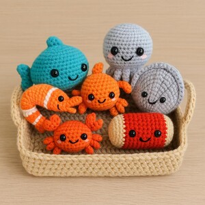 Peut inclure: Un ensemble de créatures marines crochetées à la main, dont un poisson bleu, un crabe orange, un poisson-clown et une pieuvre, dans un panier en crochet beige. Chaque créature a un visage souriant et est faite de fil doux.