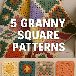 May include: A colorful crocheted blanket with a granny square pattern, featuring squares in various colors like green, yellow, purple, and orange. The text "5 Granny Square Patterns" is displayed on the blanket. Below are examples of granny squares.