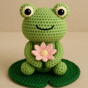 Può includere: Una statuina a forma di rana all'uncinetto verde fatta a mano con grandi occhi e una bocca sorridente. La rana tiene in mano un fiore rosa ed è seduta su una foglia di ninfea verde. La rana è alta circa 10 cm.